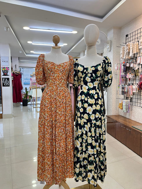 Cotton Puff Sleeves Floral Long Maxi Dress